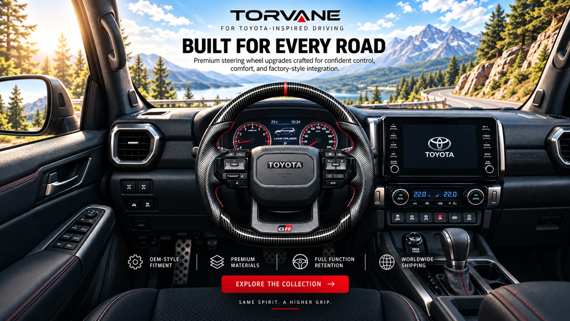 Custom Toyota Land Cruiser GR carbon fiber steering wheel in a Land Cruiser interior